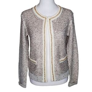 Vintage Matilda Metallic Gold Sequin Cardigan Sweater, Crewneck Open Front Sz S